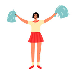 A cheerleader with pompoms. Dancing to support the team. A high school girl in a sports uniform. A cheerleader with her hands raised to the sides. Vector illustration.