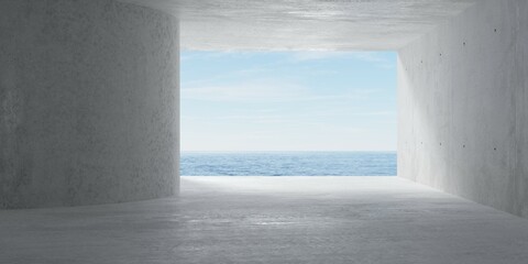 Abstract empty, modern concrete room with ocean view, round wall and rough floor - industrial interior background template