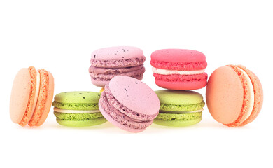 Sweet and colorful French macaroons isolated on a white background. Delicious cake macaroons.