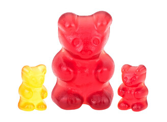 Group of gummy bear candy isolated on a white background. Jelly bear candy. Family.