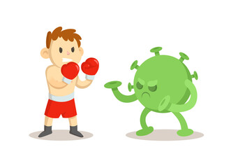 A boy boxer fights with a virus covid-19. Sports and a healthy lifestyle against the coronavirus pandemic. Cartoon vector illustration, isolated on white.