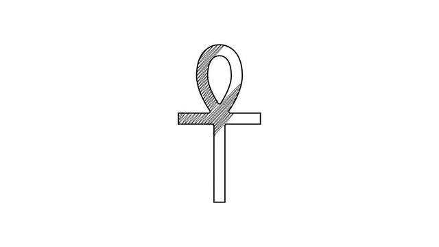 Black line Cross ankh icon isolated on white background. 4K Video motion graphic animation