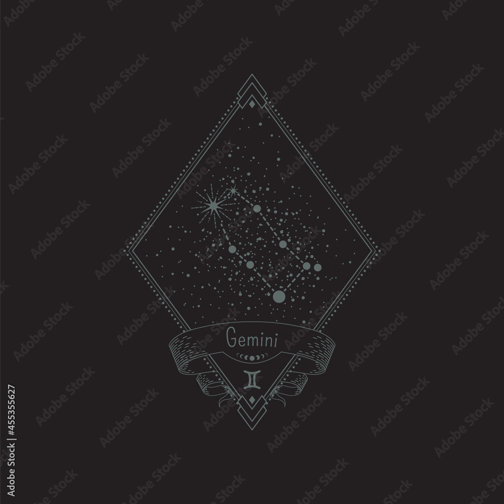 Wall mural sketch tattoo gemini constellation with title in a retro frame. vector linear isolated diamond-shape