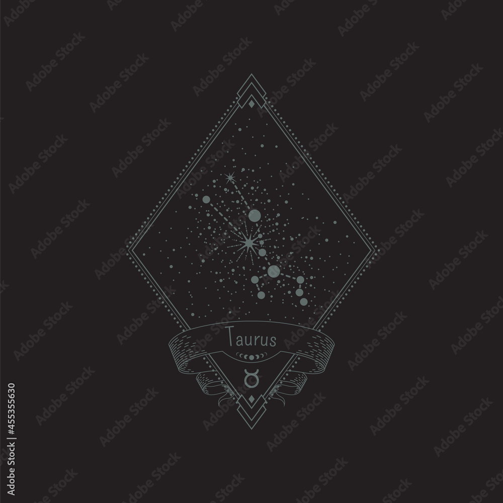 Sticker sketch tattoo taurus constellation with title in a retro frame. vector linear isolated diamond-shape