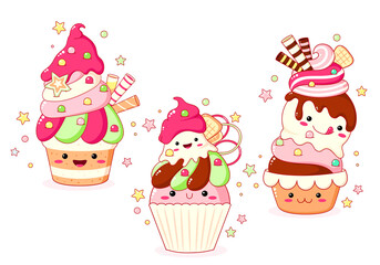 Set of cute sweet icons in kawaii style