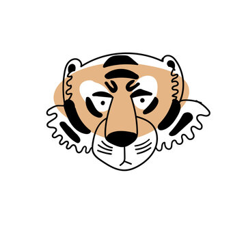 Colored tiger head in cartoon doodle style. Symbol of Chinese New Year 2022. Use for sticker, clip art, kids t-shirt printing, textiles, greeting card, Christmas poster.