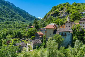 Fototapeta na wymiar The picturesque village of Exilles, in the Susa Valley. Province of Turin, Piedmont, northern Italy.