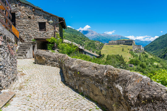 The picturesque village of Exilles and its fortress, in the Susa Valley. Province of Turin, Piedmont, northern Italy.