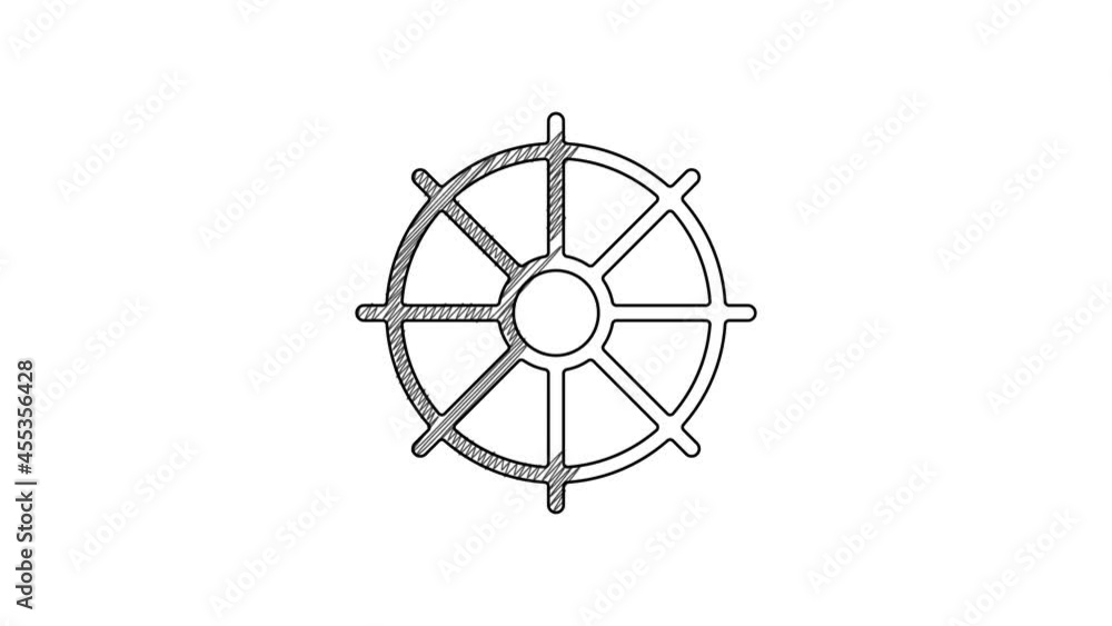 Poster Black line Dharma wheel icon isolated on white background. Buddhism religion sign. Dharmachakra symbol. 4K Video motion graphic animation