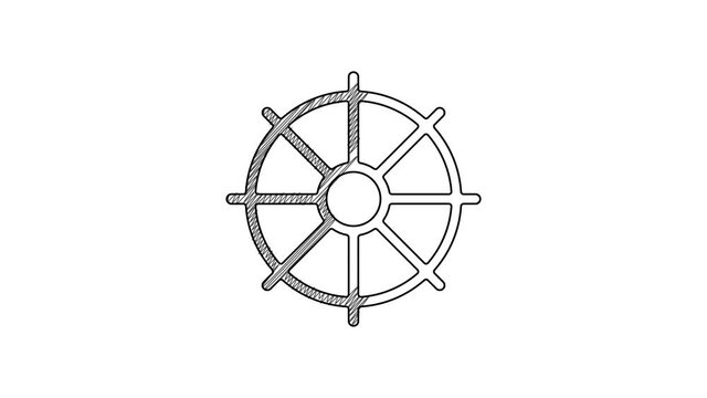 Black line Dharma wheel icon isolated on white background. Buddhism religion sign. Dharmachakra symbol. 4K Video motion graphic animation