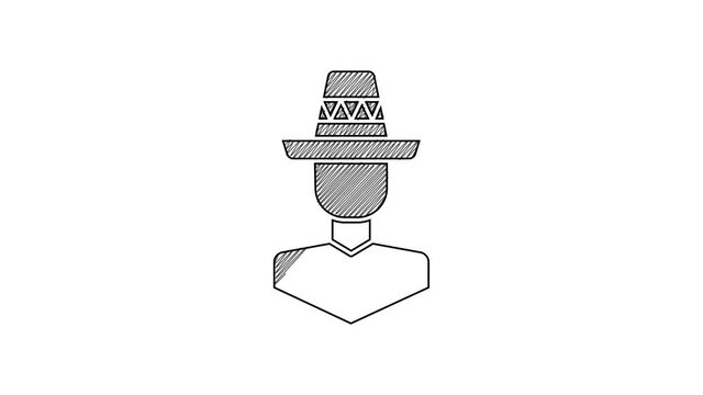 Black line Mexican man wearing sombrero icon isolated on white background. Hispanic man with a mustache. 4K Video motion graphic animation