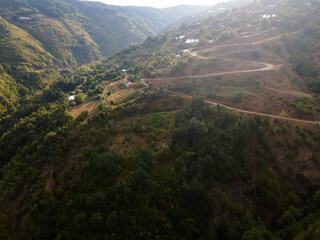 Fototapeta premium Aerial sunset view of Ograzhden Mountain, Bulgaria