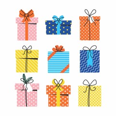 Set of gifts and presents on Christmas, birthday or Holidays.
Vector illustration isolated on white background 
