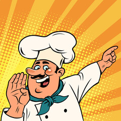 Man chef in a white cap. Smiling face. Professional points a finger