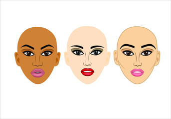 Set of woman faces of different ethnicity for design. Bald heads. con for beauty salon.