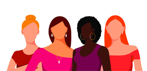Portraits of Four women of different nationalities and cultures standing together. Woman character, concept in flat color graphic. Struggle for women rights and equality