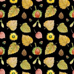 Watercolor seamless autumn pattern with leaves, flowers, chestnuts, nuts and seeds