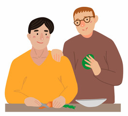 LGBT couple, one gender love. Gay men couple cooking together. Homosexual people in love. Hand drawn vector illustration. Cartoon style characters isolated on white background. Clip art for design.