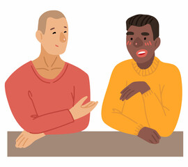 Two men communicate. Gay men couple talking. People of different races are friends. Hand drawn vector illustration. Cartoon style characters isolated on white background. Clip art for design.