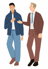 Two men communicate. Gay men couple talking. People of different races are friends. Hand drawn vector illustration. Cartoon style characters isolated on white background. Clip art for design.