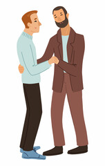 LGBT couple, one gender love. Gay men couple dancing. Homosexual people in love. Hand drawn vector illustration. Cartoon style characters isolated on white background. Clip art for design.