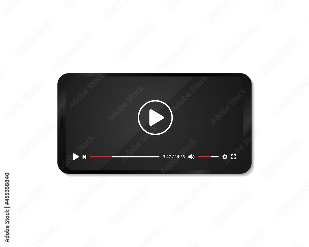 Poster realistic style smartphone with video player on display. video player or cinema app on phone screen 