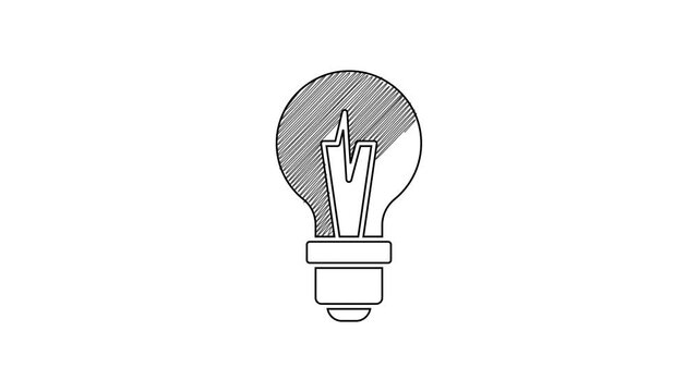 Black line Light bulb with concept of idea icon isolated on white background. Energy and idea symbol. Inspiration concept. 4K Video motion graphic animation