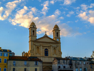 St John Baptist church towers with sunset light, Bastia