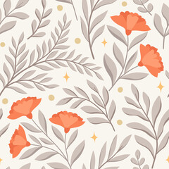 Floral graphic vector illustration. Trendy seamless pattern with hand drawn flowers. Modern repeatable background.