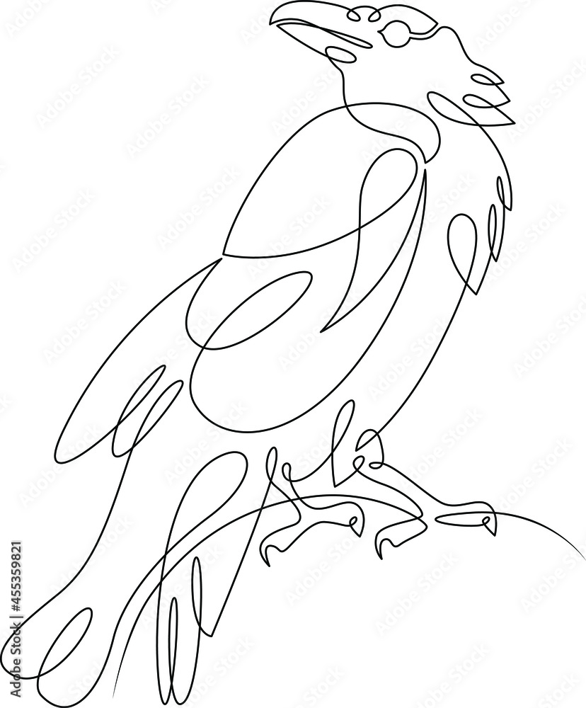 Poster raven bird logo. one continuous line. silhouette of a crow. one continuous line drawing of logo isol