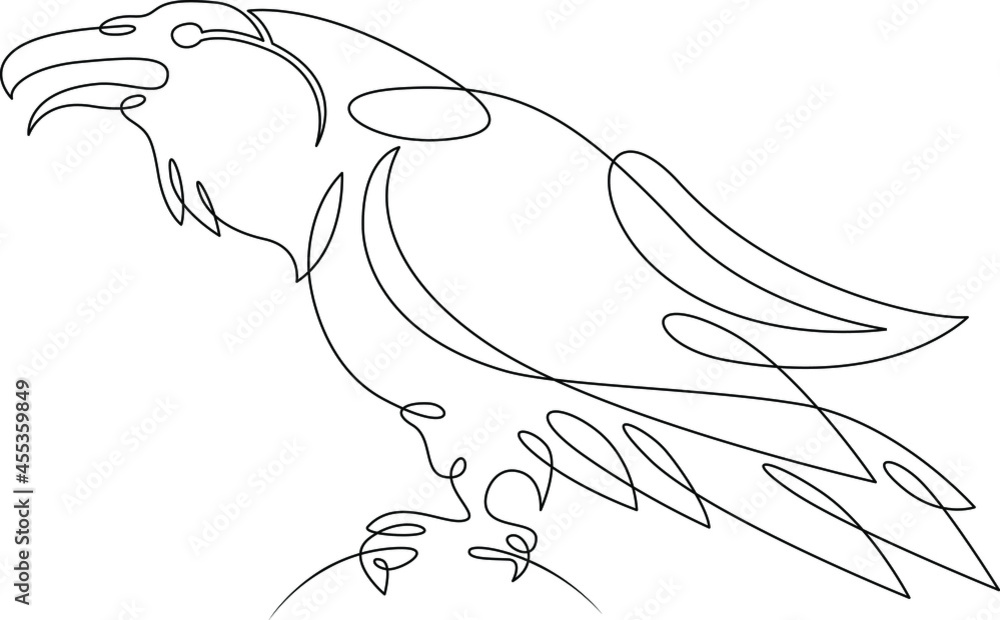 Poster raven bird logo. one continuous line. silhouette of a crow. one continuous line drawing of logo isol