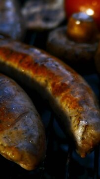 Frying fatty bavarian sausages cooked on grill or barbecue grid. With mushrooms and tomato. Vertical video. Close-up.