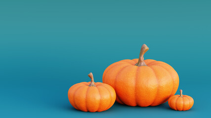 Bright autumn pumpkins on a turquoise photo, autumn composition 3D render