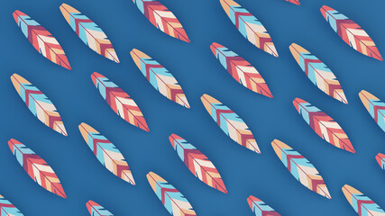 Pattern of bright multicolored feathers on a blue background 3D render flatly