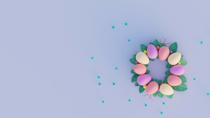 Cute Easter wreath of painted colorful eggs with branches and crystals Flatly 3d render