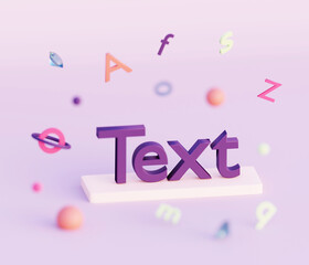 Illustration word text on a light pad with letters and balls on the background 3D render