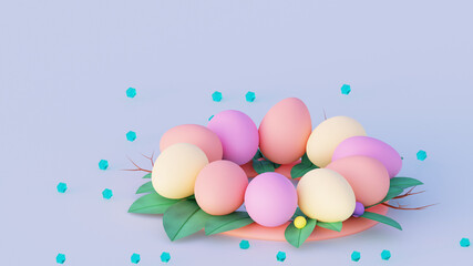 Cute Easter wreath of painted colorful eggs with branches and crystals 3d render