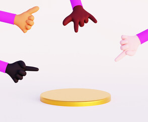 Many hands with different skin colors show on the gold pedestal, promotion, sale, note, exhibit, 3d render