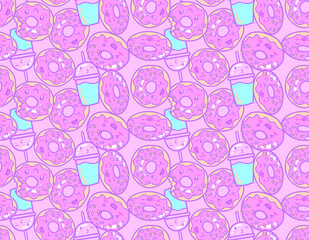 Cute donut seamless pattern repeat doughnut print for textiles or backgrounds. With sprinkles, coffee and milkshakes.
