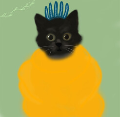 Raster illustration of a cute black cat shaman with green eyes in a yellow fluffy blanket