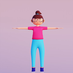 Cute cartoon girl with glasses doing exercises on purple background 3d render
