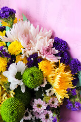 greeting card design. autumn bouquet. bouquet of multi-colored chrysanthemums on a white background and space for text. invitation. congratulation 