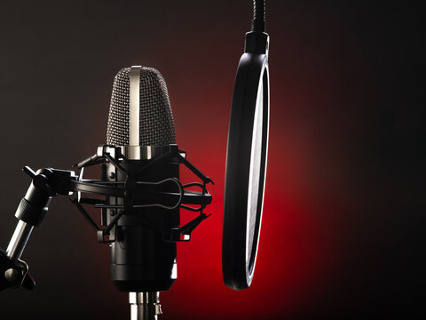 Sound Recording Studio. Professional Microphone. Vocals, Television, Radio Broadcasting, Conversational Genre, Blogging, Debate. Minimalism. There Are No People In The Photo..