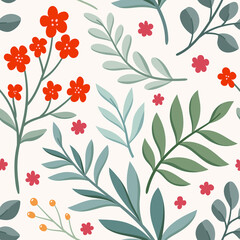 Seamless pattern with hand drawn flowers on white background. Vintage repeat background. Vector floral texture.