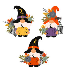 set of isolated halloween gnomes with pumpkins