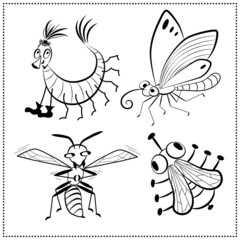 Set of comic cartoon insects. Centipede, moth, butterfly, wasp, fly. Vector sketch illustration.