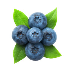 Juicy ripe blueberries with green leafs isolated on white background.