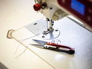 Foot, needle and thread in a sewing machine