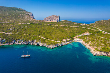 Aerial view of Capo Caccia next to Neptune Grotto in Alghero district, Sardinia