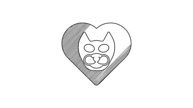 Black line Heart with cat icon isolated on white background. Love to the animals. 4K Video motion graphic animation